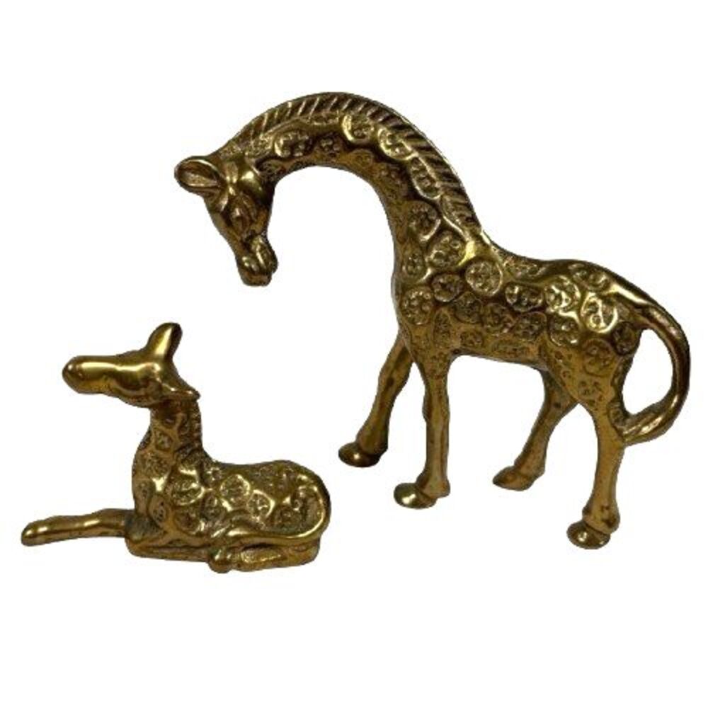 Vintage Solid Brass Mother and Baby Giraffe Figurines Mid-Century Mod, Lot of 2